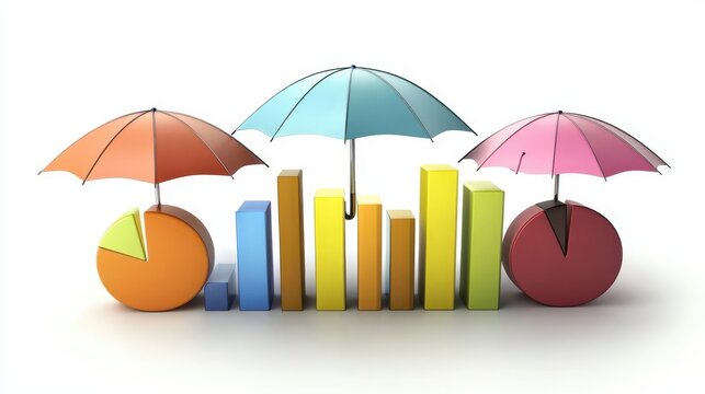 Umbrellashaped business pie charts and bar graphs showing market share