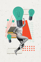 Composite trend artwork 3D sketch collage of caricature young woman headless idea lamp bulb smart...