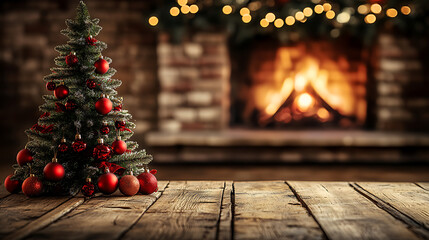 A Christmas tree with red ornaments and bokeh lights on a wooden table in front of a blurred fireplace background, a banner for product display presentation