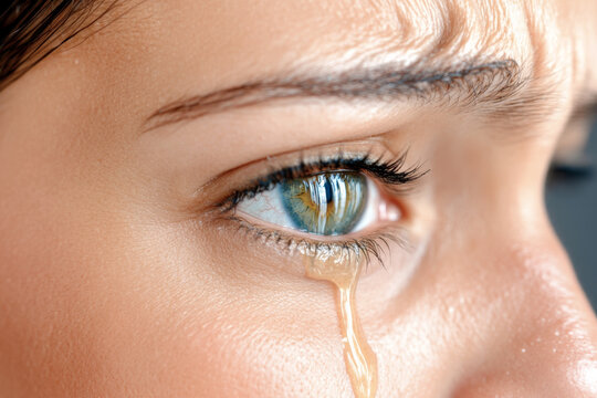Closeup of a sad woman's eye with a tear on her cheek, crying. Concept of depression, mental health and world depression day.