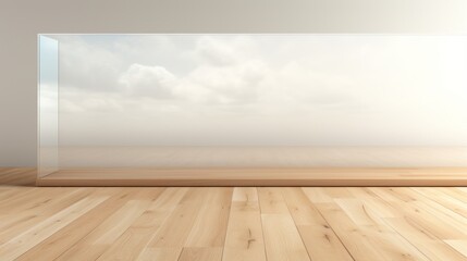Elegant minimalist hallway featuring natural wood, glass accents, and customizable white banner