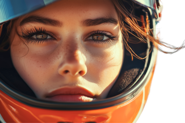 Transparent Background PNG of Determined Female Racer Close-Up Focus, Concentration, and Confidence on the Track