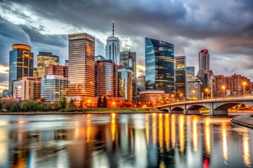 Obraz premium Stunning Low Light Panorama of Calgary's Skyscrapers and Cityscape at Dusk