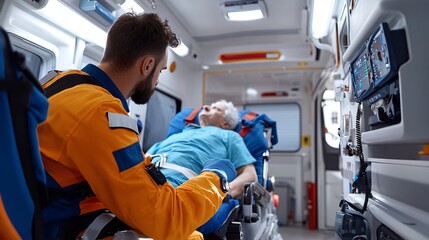 A man in an orange uniform is helping a man in a blue hospital gown