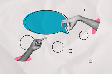 Creative collage hands body fragments gestures communication nonverbal speech textbox say tell...