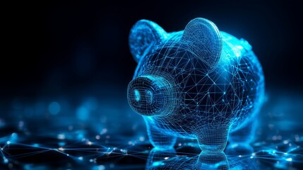 Lowpoly wireframe piggy bank on a dark blue background, concept of saving money in business.