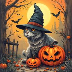 A mystical gray cat wearing a witch hat surrounded by carved pumpkins on a serene Halloween night under a glowing moon. Generative AI