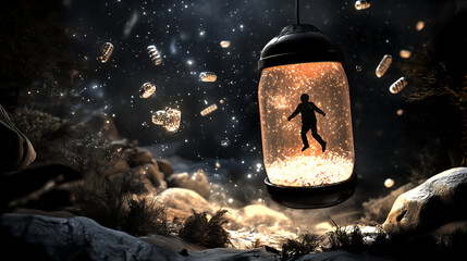 A transparent human silhouette filled with floating data points locked inside a glowing glass vault, representing personal data protection. The vault is surrounded by streams of data, creating 