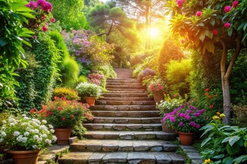 Beautiful Garden Stairs Surrounded by Lush Greenery and Colorful Flowers - Portrait Photography