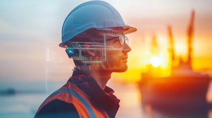 Double exposure of an worker and industrial port.