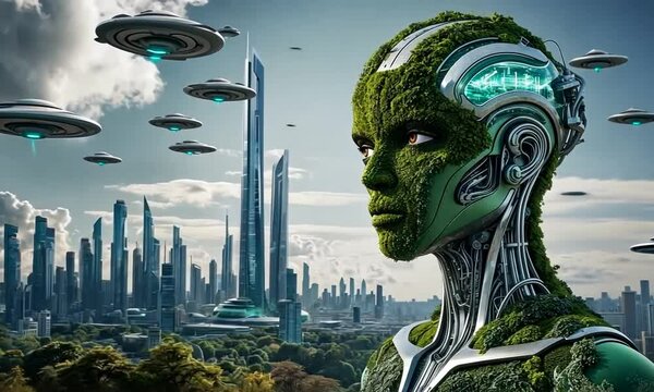 In a vibrant urban environment, a humanoid figure adorned with foliage stands against towering structures, while flying crafts hover above. Nature meets innovation seamlessly