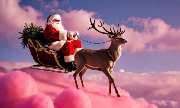 Experience the wonder of Christmas as Santa glides through vibrant, fluffy clouds pulled by his majestic reindeer, spreading holiday cheer in the night sky