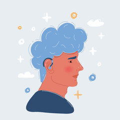 Cartoon vector illustration of man with hear impairment. Deaf girl.