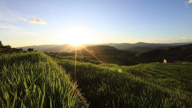 Nature video background of high angle view with green rice terraces surrounded by mountains, wind, bright rainbow, cool breeze while relaxing in nature.