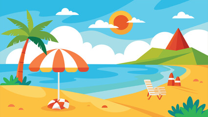 A cartoon illustration of a sunny beach with a palm tree, striped umbrella, beach chairs, and a red mountain in the background.