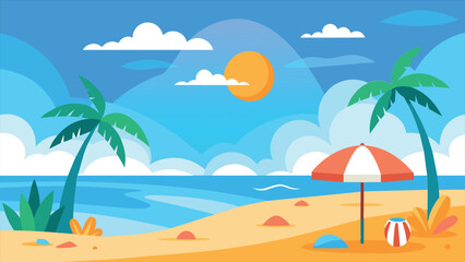 A cartoon illustration depicting a sunny summer beach with palm trees, a beach umbrella, blue ocean, and white clouds in the sky.