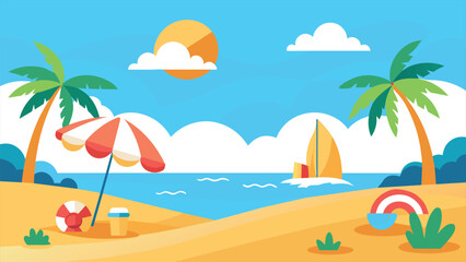 Beach Scene with Palm Trees, Sun, and Boat