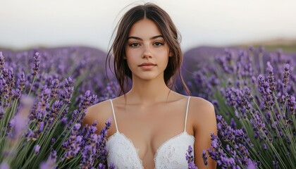 A young woman stands gracefully in a lavender field, surrounded by vibrant purple blossoms. The serene atmosphere embodies tranquility and natural beauty.