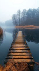 Serene wooden pier extending over a calm lake, surrounded by tranquil waters and lush greenery, inviting reflection and peace