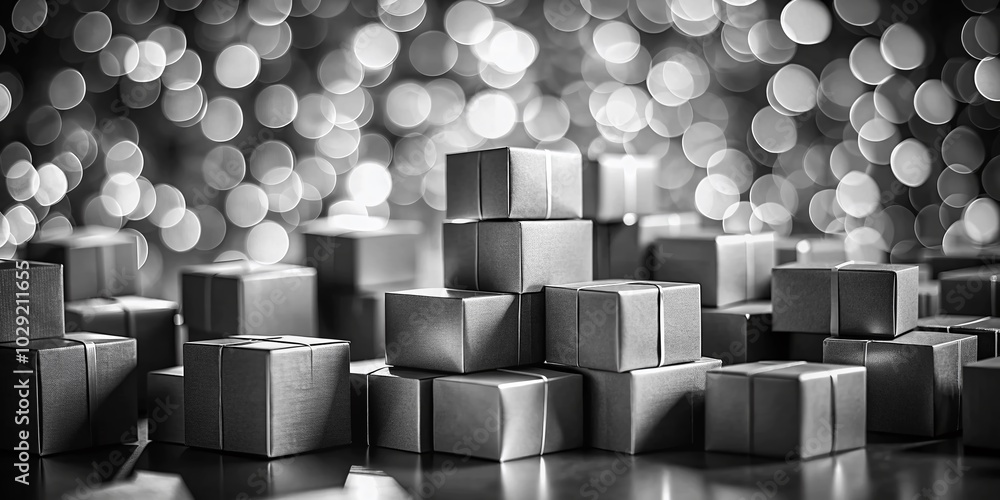 Poster black and white abstract paper box background with bokeh effect for creative projects
