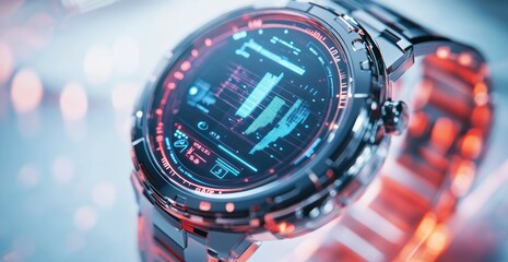 Futuristic smartwatch with a digital display showing data and graphics.