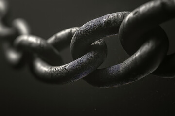A close-up of a strong, textured metal chain in sharp focus against a dark background, symbolizing strength, connection, or resilience.