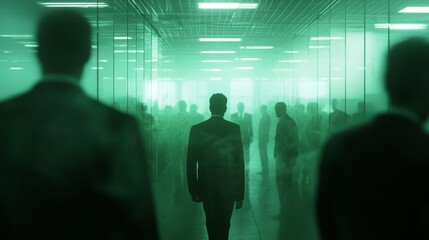 Fototapeta premium Fraught Atmosphere in Busy Financial Office - Paranoia and Mistrust Among Employees, Cinematic Lighting Enhances Tension