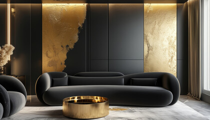 Luxury black and gold living room with modern decor and sleek furniture
