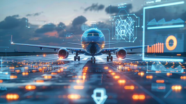 Aerial shot of a futuristic airplane on the runway with holographic data analytics on a twilight sky background