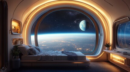 Fototapeta premium wide angel view of a space ship bedroom