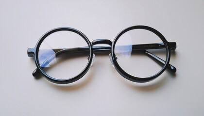 A pair of round black glasses rests on a light surface, highlighting their design and transparency.