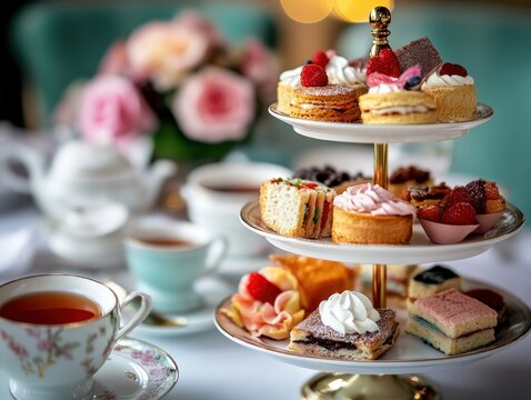A beautiful display of assorted pastries and sandwiches on a three-tiered stand, surrounded by delicate china teacups in an elegant afternoon tea setting.