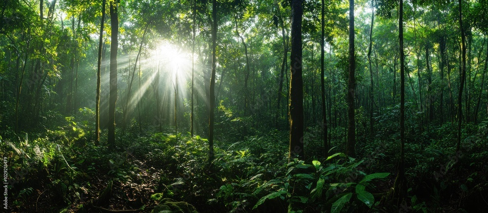 Poster sun rays illuminate a dense forest with lush greenery and tall trees, creating a mystical and peacef