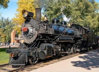 Obraz premium Historic steam locomotive parked in a scenic park setting during a sunny afternoon in autumn