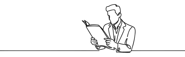 Continuous one line drawing of man to read newspaper, screening out fake news concept, single line art.