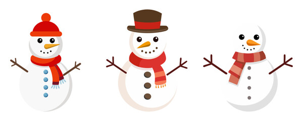 Set of Christmas vector cute snowmen in different hats and scarves. New year illustration.