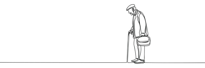 Continuous one line drawing of a senior man with a stick. Minimal outline concept. Vector illustration