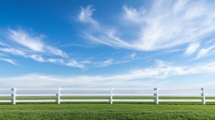 Fototapeta premium A radiant blue sky frames a white fence and a vast green meadow.