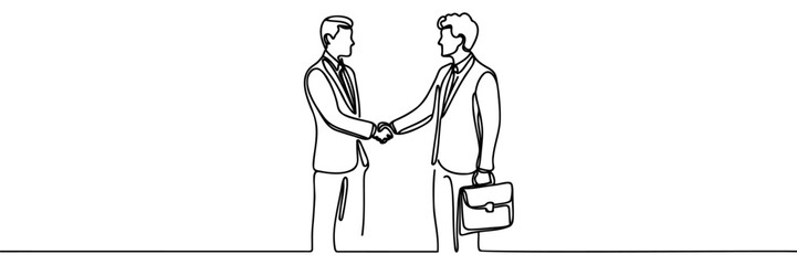 Line drawing of two businessman handshake with suitcase. Single line of two man shaking hand. Continuous line of two people hold hand each other isolated on white background.