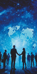 Silhouettes of business people shaking hands against the backdrop of an illustrated world map with global corporate connections