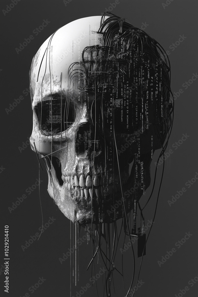 Poster minimalist skull with a lock, where the bones are made of network wires and codes.