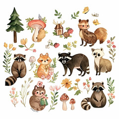 Fototapeta premium Whimsical jungle party themed vintage color clipart, various cute little raccoons, with trees and mushroom houses