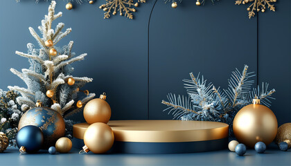 Modern Christmas background with matte blue and gold decorations for modern designs