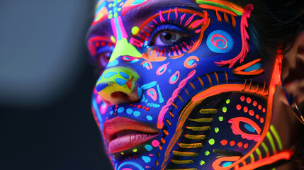 A close-up of a model's face painted in bold, neon colors, with intricate geometric patterns and exaggerated features.