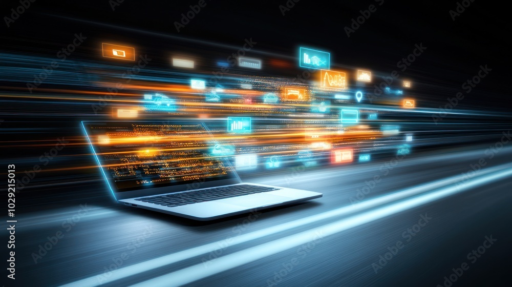 Poster laptop with glowing digital icons and data streams in dark background
