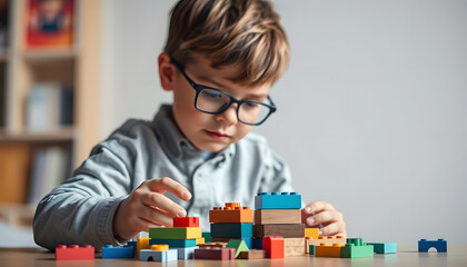 selective focus of kid with dyslexia playing with building blocks and child psychologist looking at it on background isolated with white highlights, png