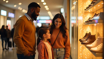 A family is shopping for decorations and gifts