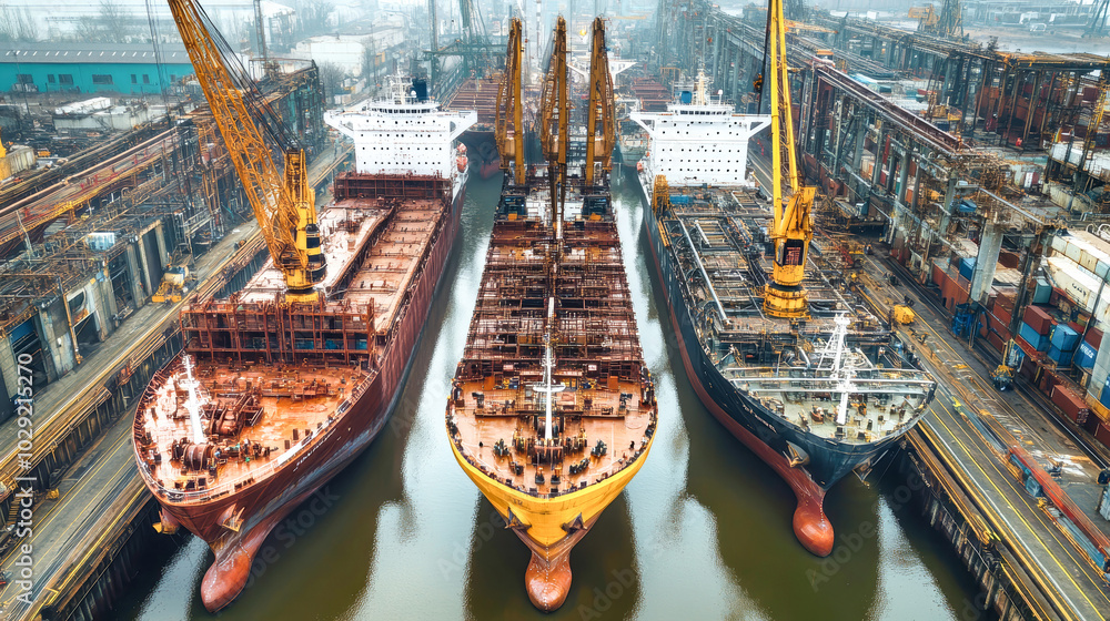 Poster aerial view of cargo ships undergoing loading and unloading in bustling industrial port with cranes 