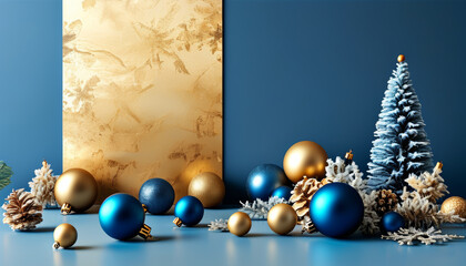 Modern Christmas background with matte blue and gold decorations for modern designs