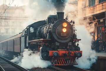 Naklejka premium Historic steam train arrives at a bustling city station enveloped in steam during morning hours